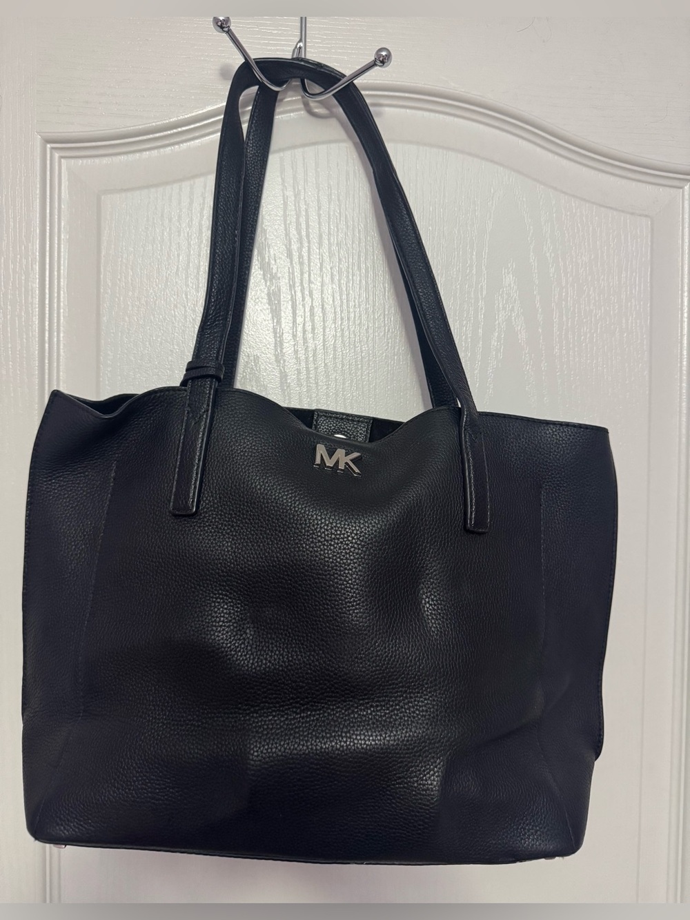 Michael Kors Black Pebbled Leather Tote with Silver MK Logo